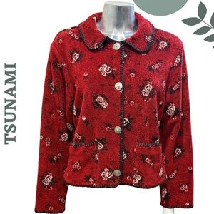 TSUNAMI Red Floral Fleece Button-Up Jacket – Made in Canada Small